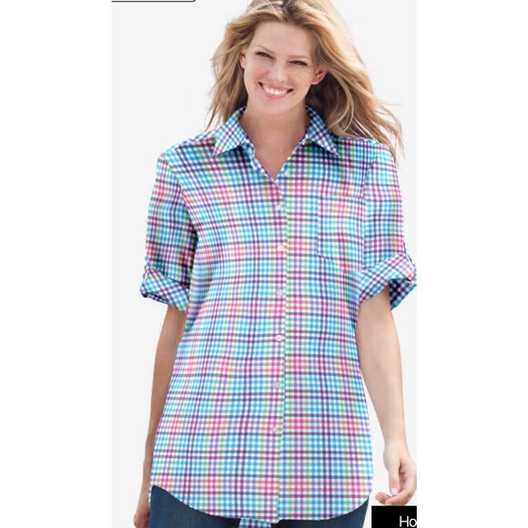 Woman Within Short Sleeve Button Down Seersucker Shirt collar cotton L 18-20 - Picture 4 of 7